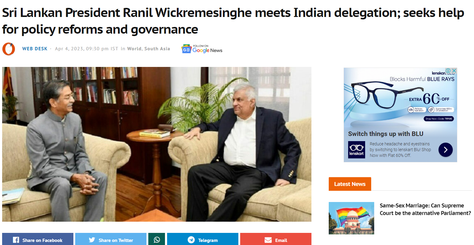 Sri Lankan President Ranil Wickremesinghe meets Indian delegation; seeks help for policy reforms and governance