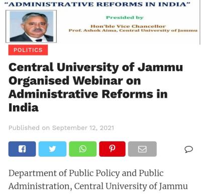 Central University of Jammu Organised Webinar on Administrative Reforms in India - Rajneeti Plus